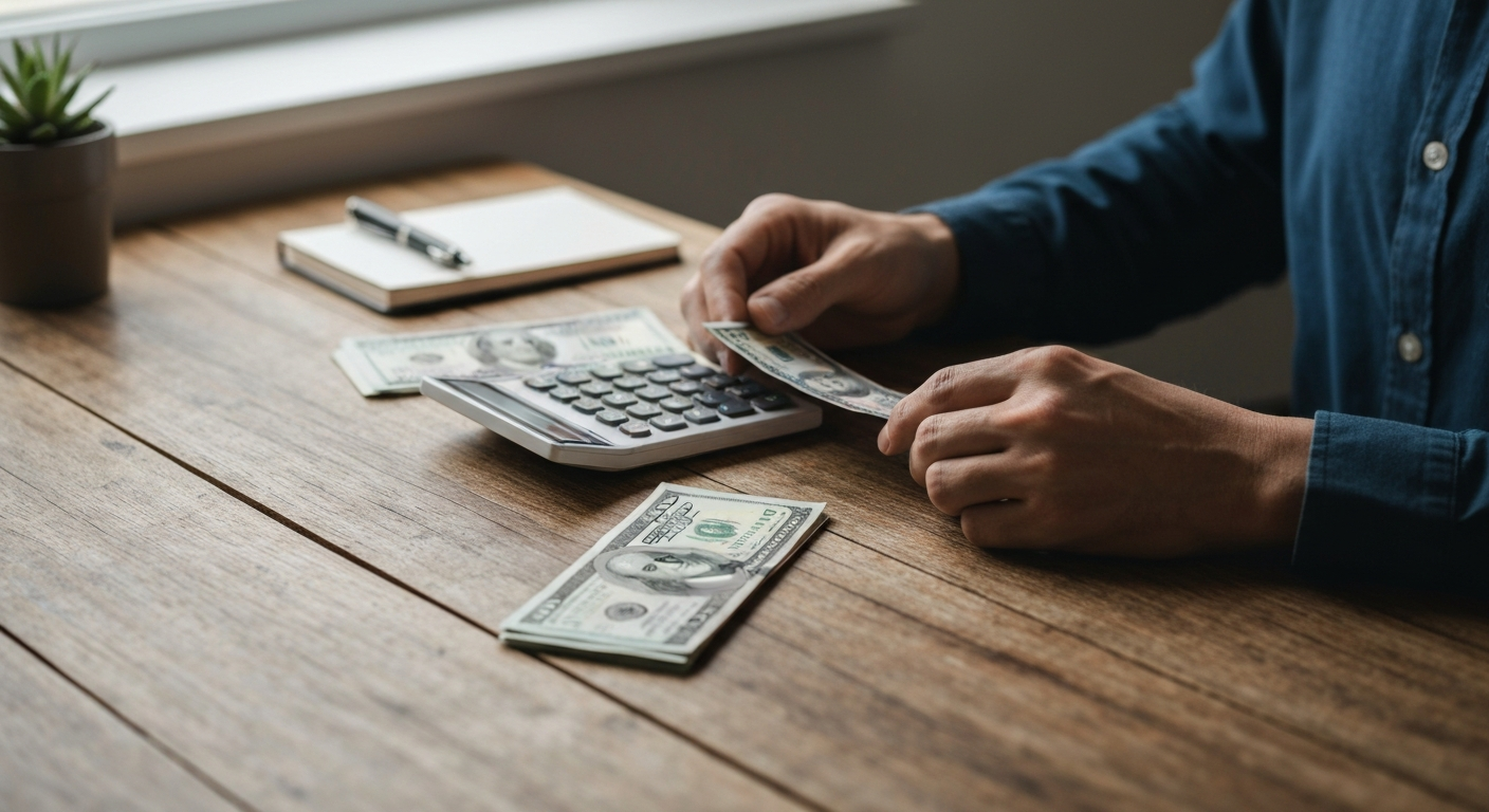 Hands organizing budget tools