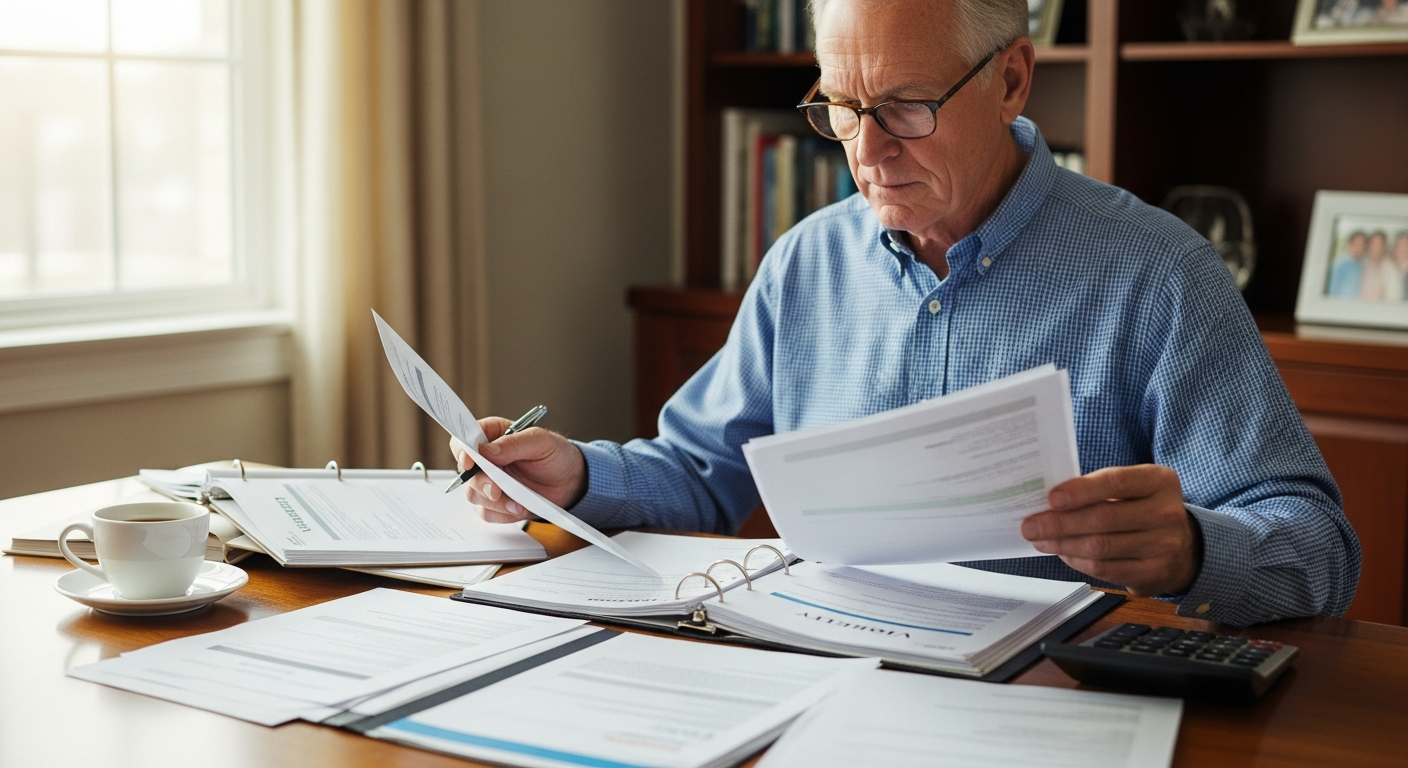 Senior reviewing retirement documents